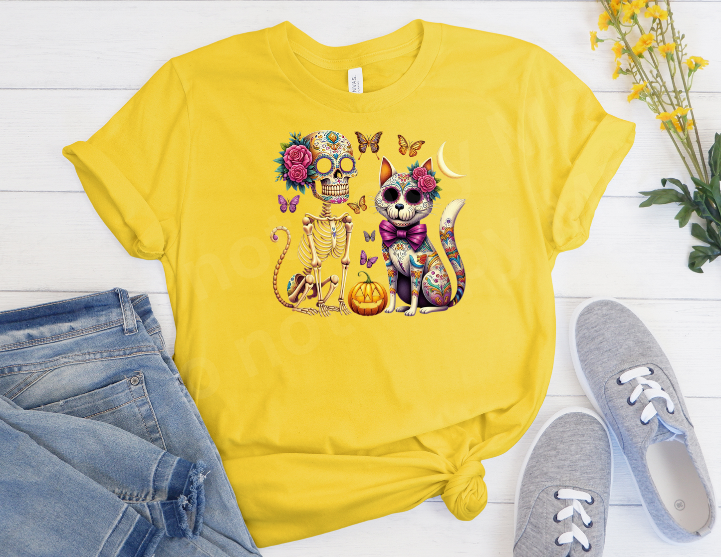 Cat and Dog with Butterflies Sugar Skull | T shirt Halloween