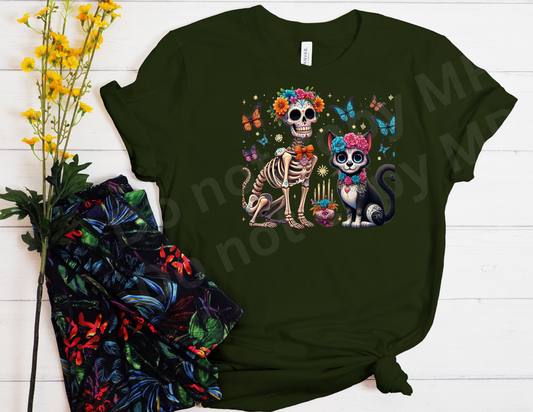 Cat and Dog Sugar Skull Sitting | T shirt Halloween