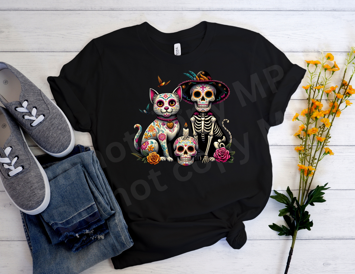 Dog with hat and Cat Sugar Skull | T shirt Halloween