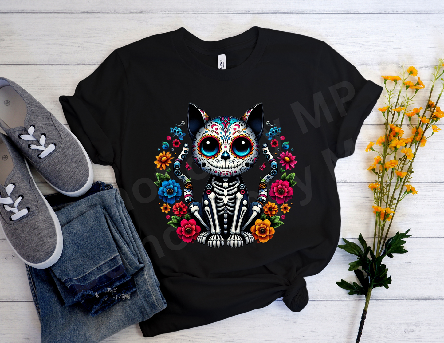 Flower around Cat Sugar Skull | T shirt Halloween