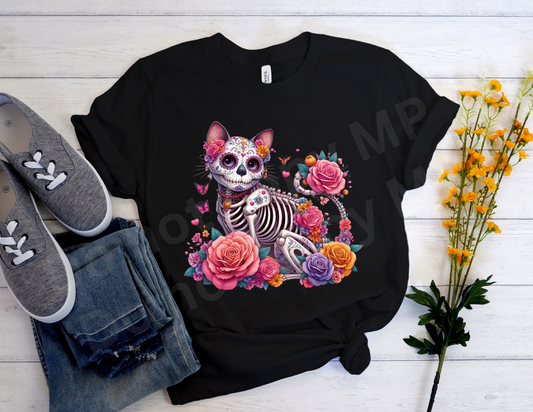 Sitting Cat Sugar Skull | T shirt Halloween