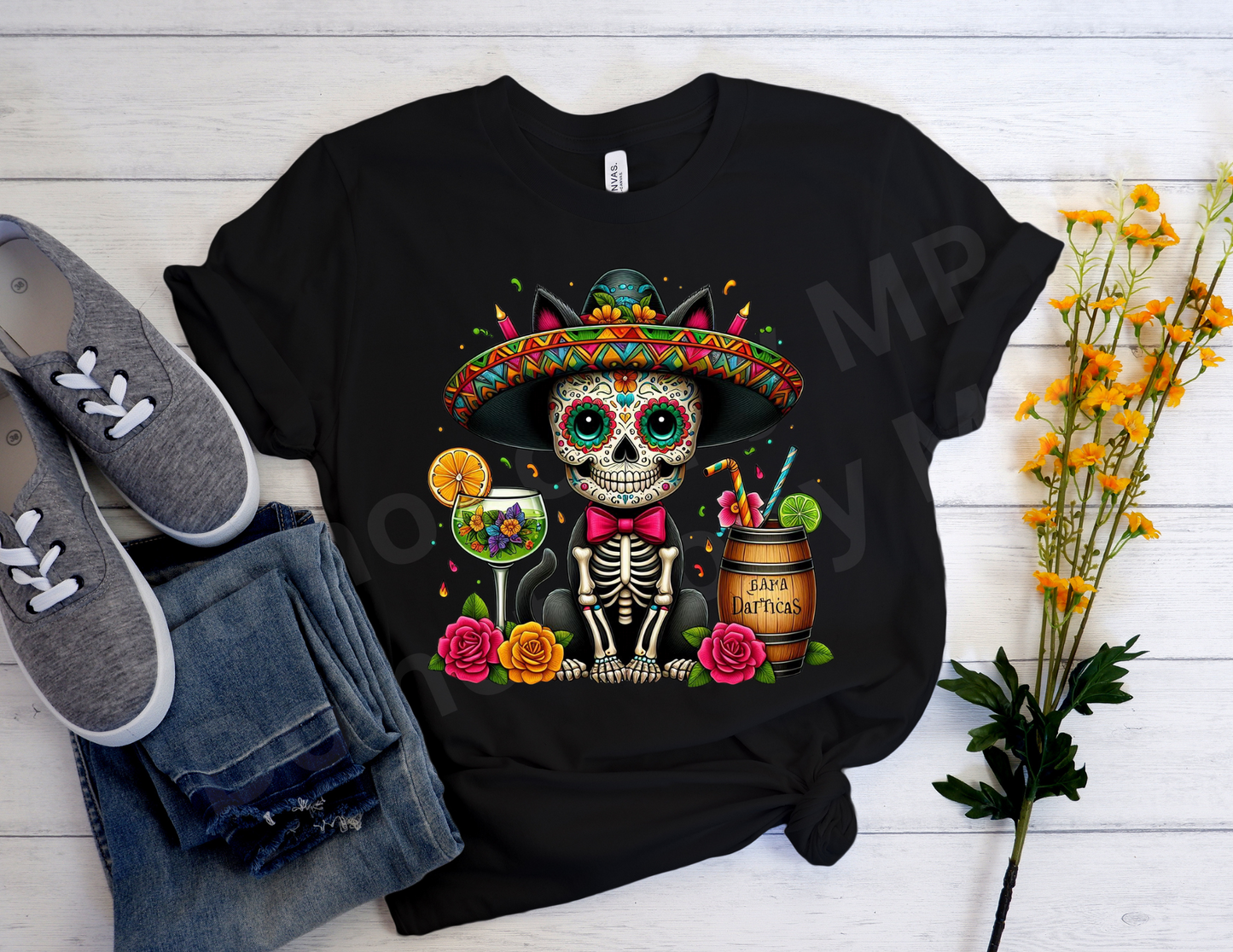 Drinks and Cat Sugar Skull | T shirt Halloween