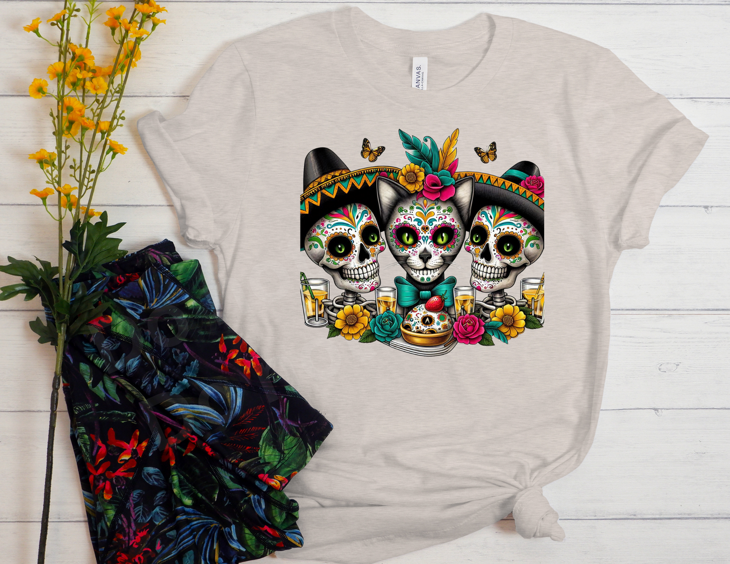 2 people and A Cat Sugar Skull | T shirt Halloween