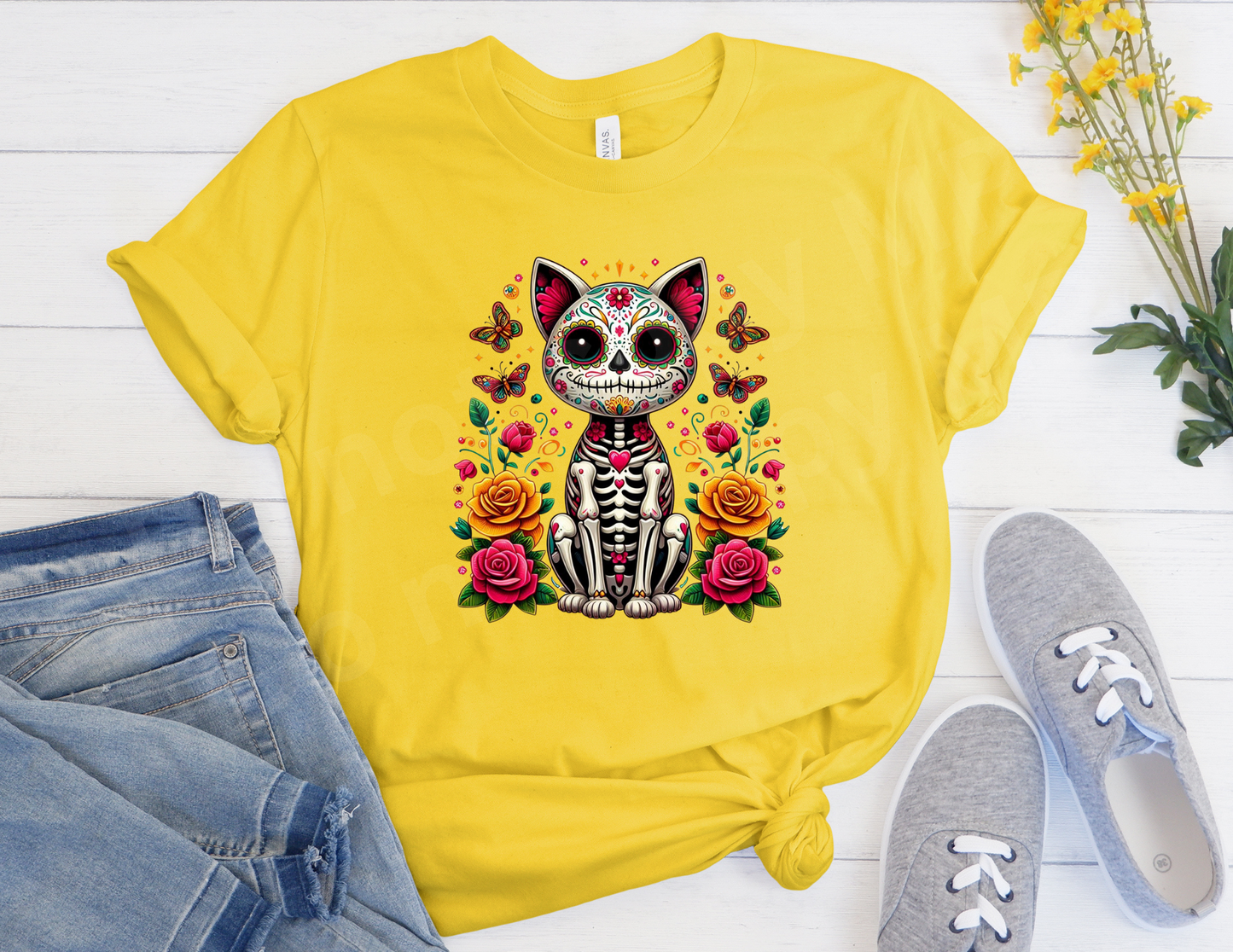 Sitting Pretty Cat Sugar Skull | T shirt Halloween