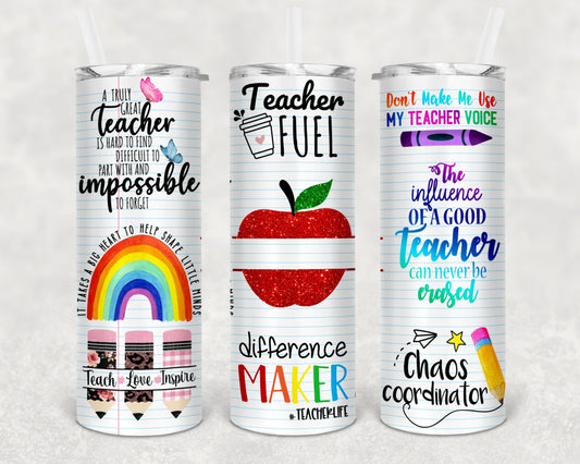 Teacher fuel | 20 oz Skinny Tumbler Sublimation