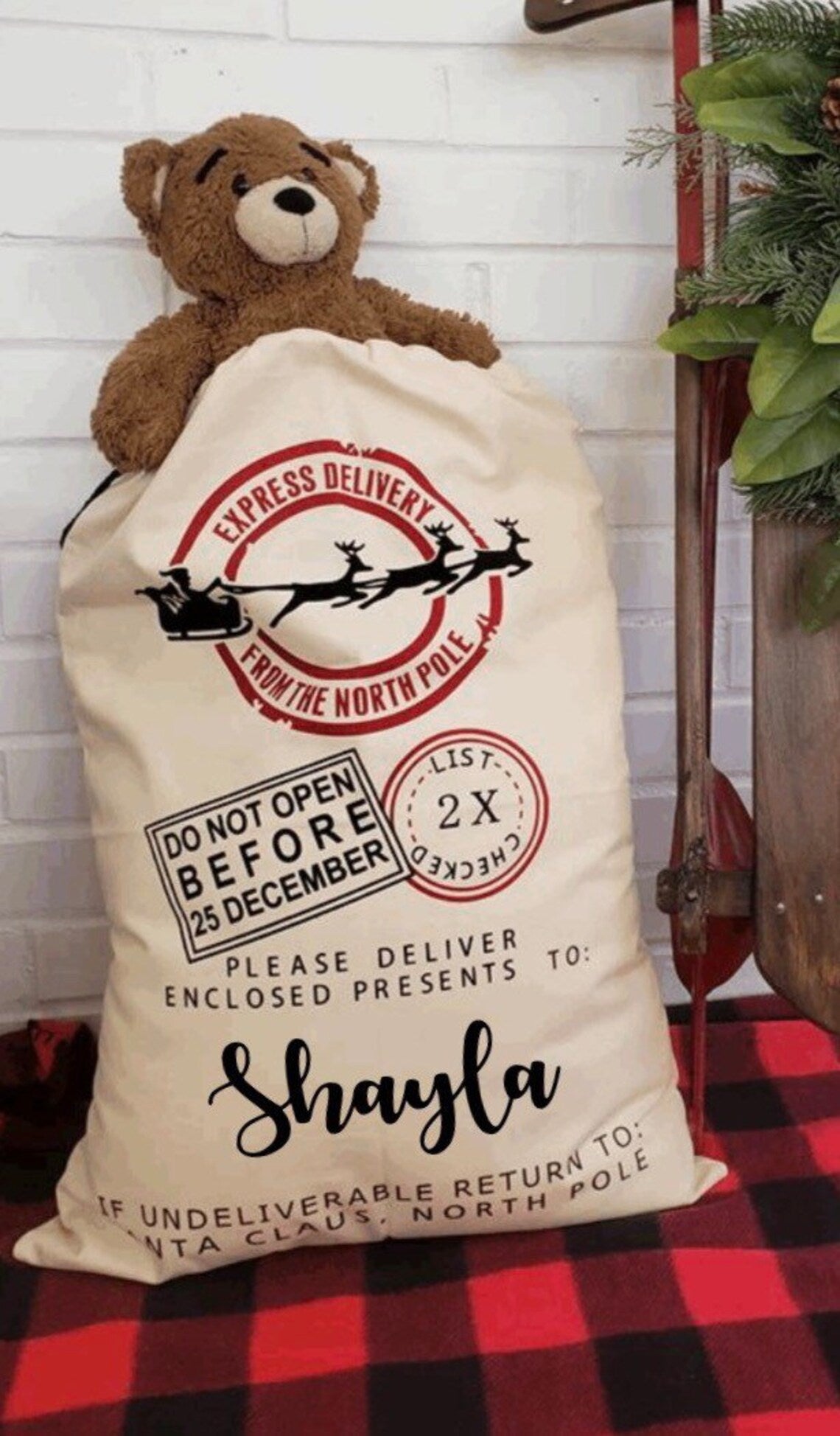 Personalized Christmas Santa Sack, Drawstring Santa Delivery Bag, Santa Bag for Kids