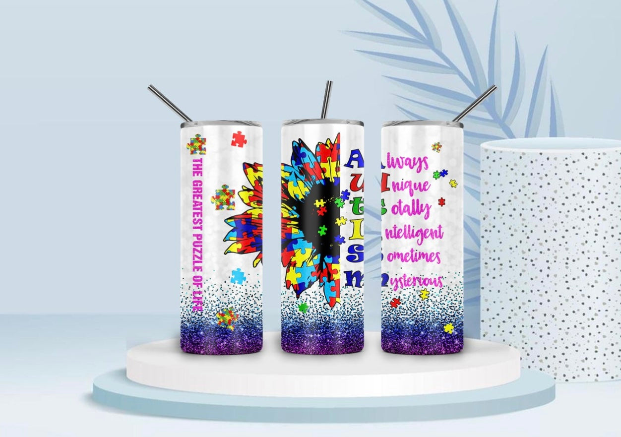 Autism puzzle pieces and sunflower| 20 oz Skinny Tumbler Sublimation